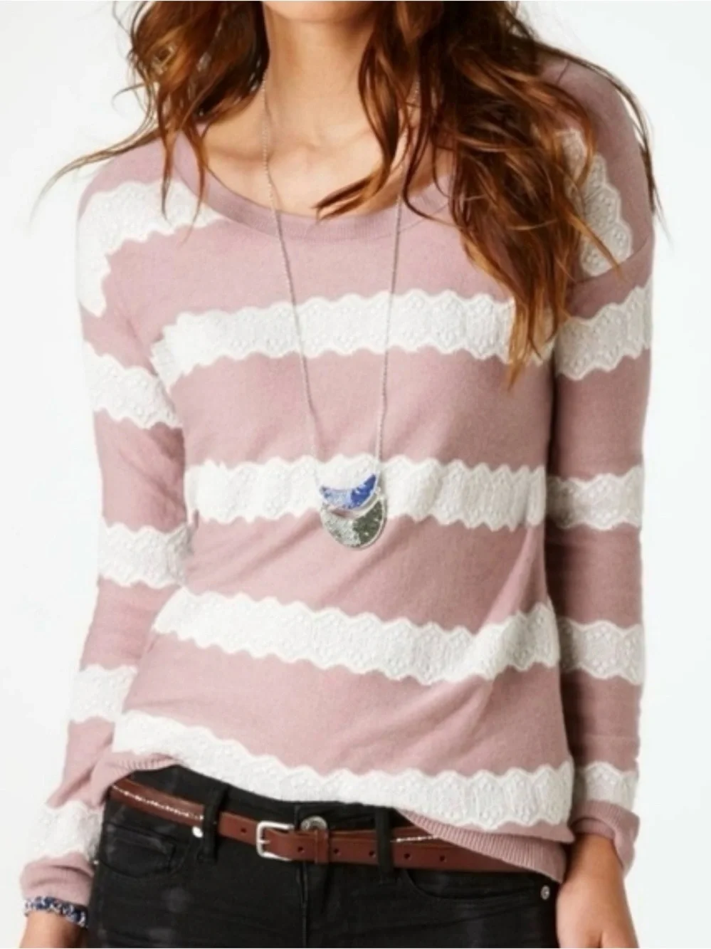 American Eagle Outfitters Mauve Pink and White Striped Sweater N0466